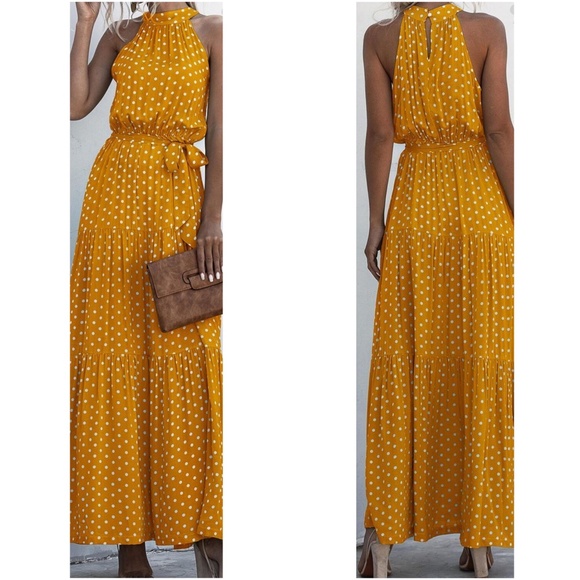 Boho Mustard Yellow belted polka dot layer ruffle halter Maxi dress - Picture 2 of 2